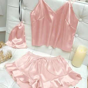 TIE FRONT RUFFLE HEM SATIN PJ SET • SHEIN